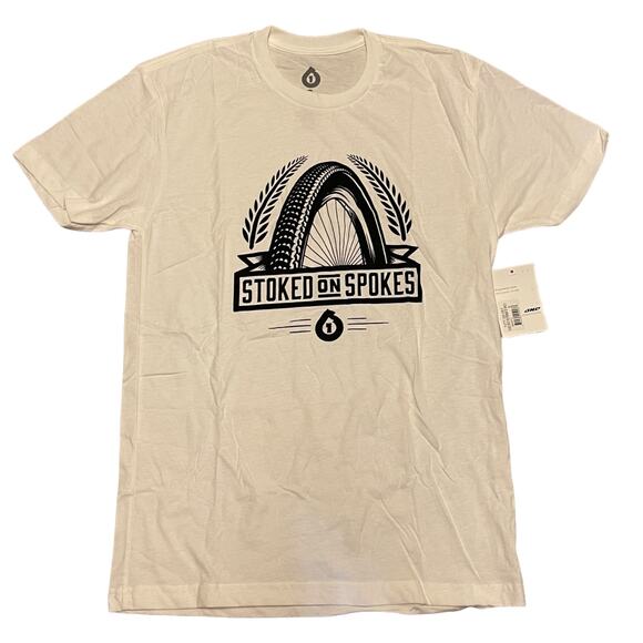 Stoked On Spokes White Cotton Blend Cycling Shirt Size Small - Picture 1 of 3